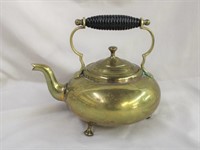 Footed brass kettle w/ wooden handle 8 X 7'H