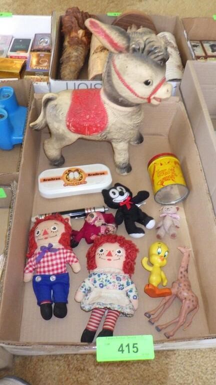 VINTAGE & NEWER TOYS- RUBBER DONKEY, RAGGEDY ANN &