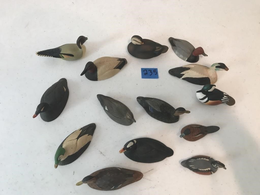 13 Wooden Signed Mini Duck Decoys 2-3"