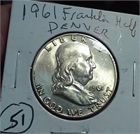 1961 Denver Franklin US Silver half dollar BU