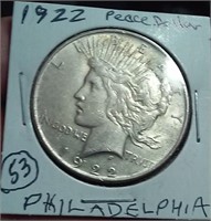1922 Philadelphia US PEACE silver dollar XF