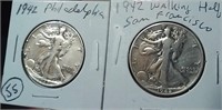 1942 ww2 era 2 silver walking liberty half dollars