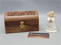 Wooden Trinket Box & Bisque Porcelain Angel