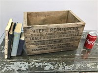 Vintage wooden ammo crate w/ books