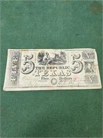 Republic of Texas $5.00 (five dollars)