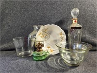 Small Oil Lamp, Glass Bowls, Four Roses Bottle