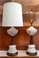 Pair MID-CENTURY MODERN POTTERY & WOOD TABLE LAMPS