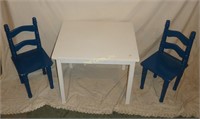 Small White Kids Table W/ 2 Blue Chairs Wood