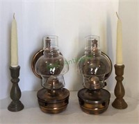 Oil lamps and candles lot includes a matching