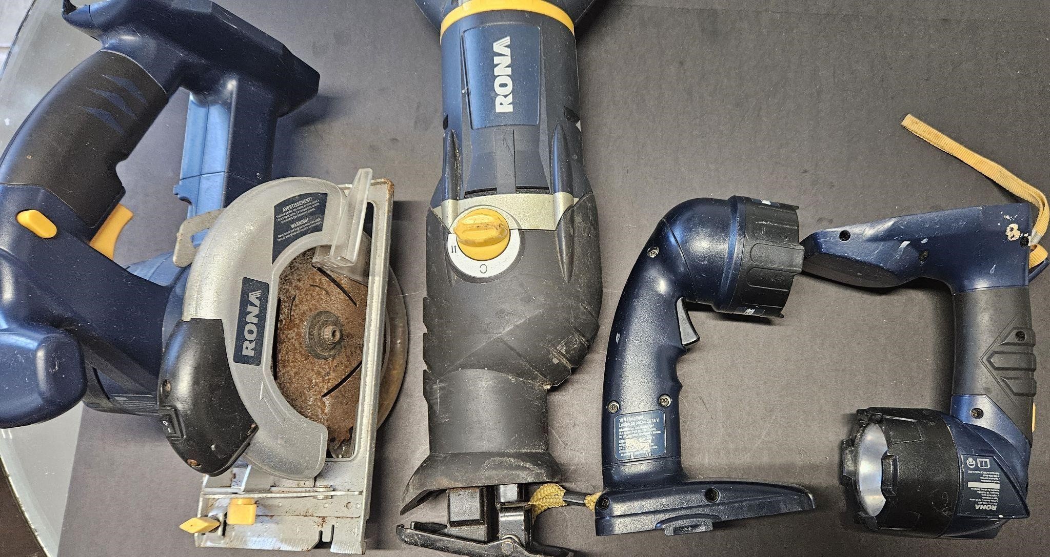 2 saws ,2 flashlights RONA  "no batteries"