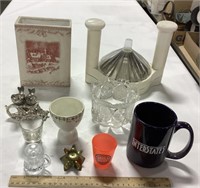 Misc lot w/ mug, shot glasses, & salt & pepper