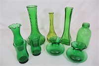 9 Pcs. Green Depression Glass Vases