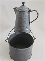 VTG ENAMEL COFFEE POT AND BUCKET