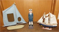 DECORATIVE SAILBOAT AND CARVED CAPTAIN