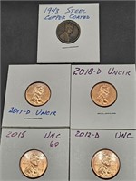 5- (1) Steel Penny & 4- Uncirculated Pennies