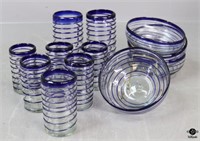 Blue Spiral Glass Bowls & Glassware / 12 pc