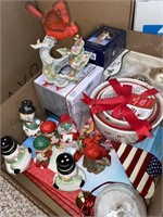 Box of Christmas items, salt pepper shakers, prep