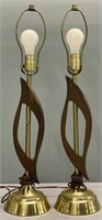 Pair Wood & Brass MCM Lamps