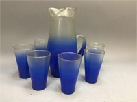 Blue Glass Pitcher & Drinking Glasses