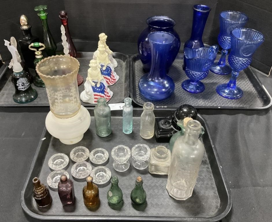 Vtg Cobalt Glass, Salt Wells, Medicine Bottles.