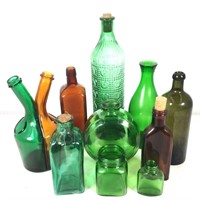 (10) Vintage Bottles/Jars, Green and Amber