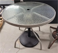 GLASS TOP TABLE WITH METAL FRAME, UMBRELLA STAND