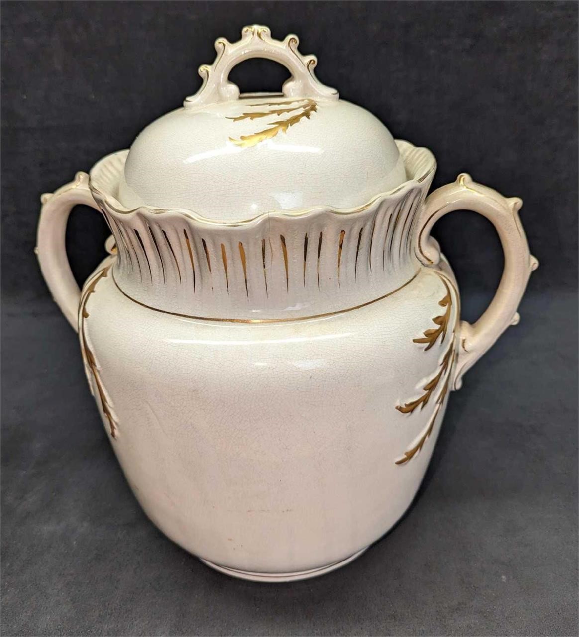 White Ironstone Porcelain Gold Accents Chamber Pot