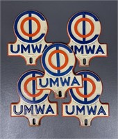 Five Vintage UMWA Embossed License Plate Topper