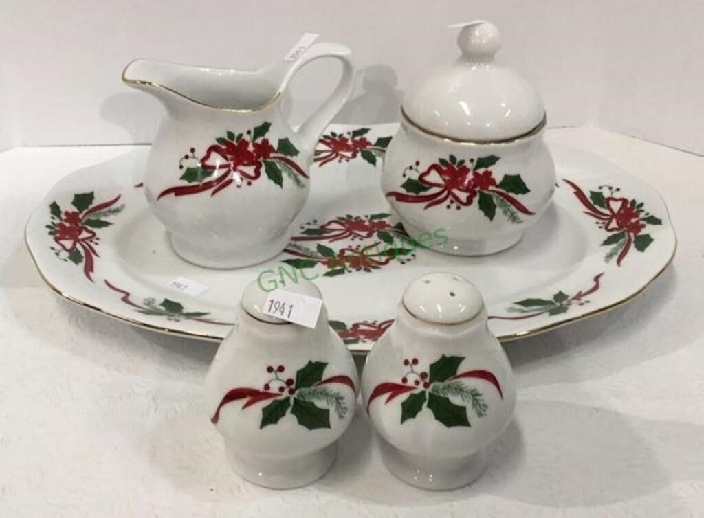 Holiday China pieces include the cream and