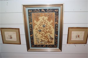 Framed needlepoint of birds and animals by E. P.