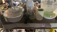 Shelf lot - glass mugs, Tupperware, ceramic pots