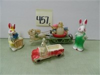 (3) Chalk Rabbits & (1) Wind Up Celluloid Chick &