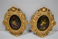 2 Gold Frame Floral Wall Decor w/Convex Glass