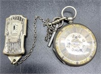 Pocket Watch, Silver Plate, W/ Chain and Key