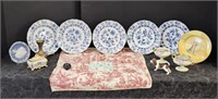 5 EARLY MEISSEN PLATES 9.5", BRASS VASE PLUS MORE