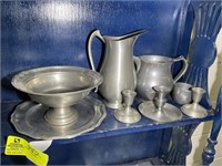 CONTENTS OF MIDDLE SHELVES INCLUDING PEWTER ITEMS