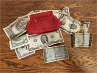 Coin purse, $2 bills, foreign, military money
