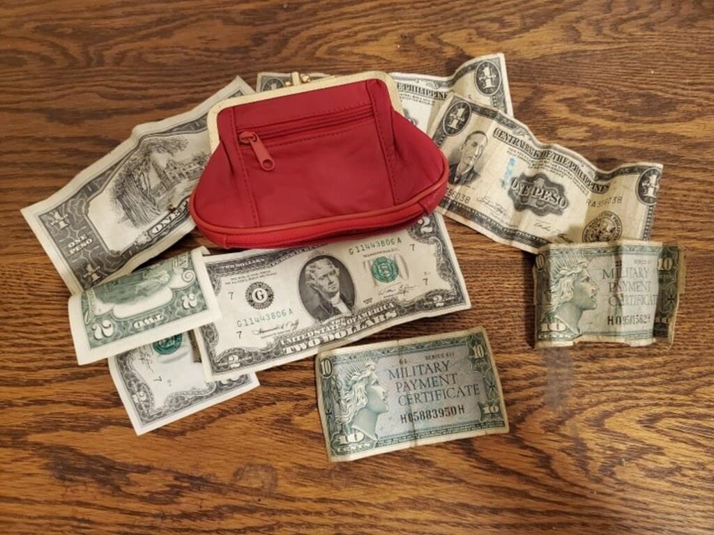 Coin purse, $2 bills, foreign, military money