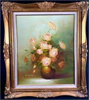 Flowers in Vase Signed Oil on Canvas