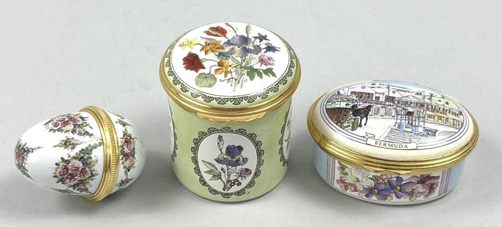 3 Enamel Pill Boxes (Staffordshire & Halycon).