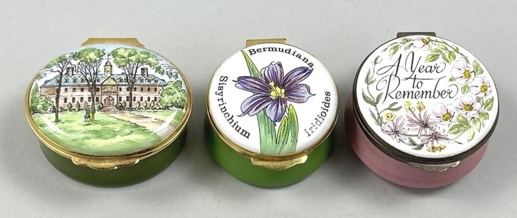 3 Crummles England Enamel Pill Boxes.