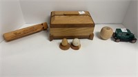 Wood trinket box, wood train whistle, wood apple,