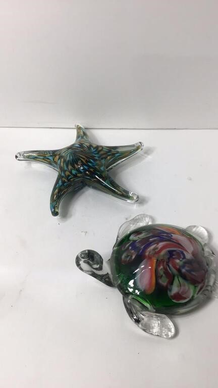 2 Art Glass Ocean Fugures:Starfish & Turtle U16J