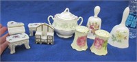2 porcelain bells -shakers -sugar bowl -miniatures