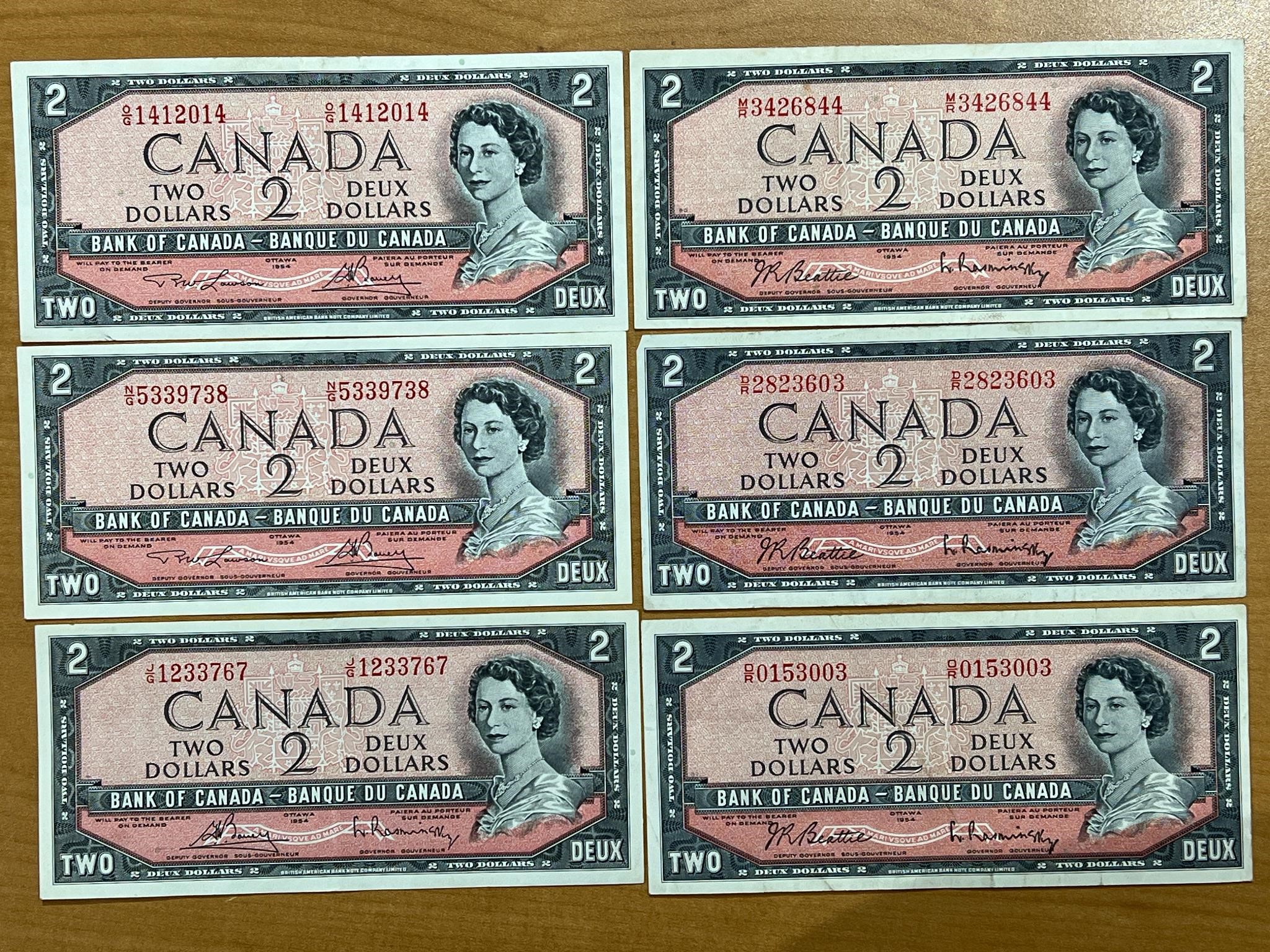 6- 1954 Cdn $2 Bank Notes