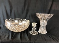 Crystal Bowl, Vase, and Candle Holder
