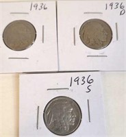 1936, 1936 D, 1936 S Buffalo Head Nickels