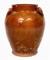 Redware crock, shaped ears, 7" dia., 8.5" tall