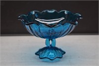 Vintage Blue Glass Compote W/ Scalloped Edge