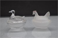 Clear Glass Duck & Frosted Clear Hen On Nests